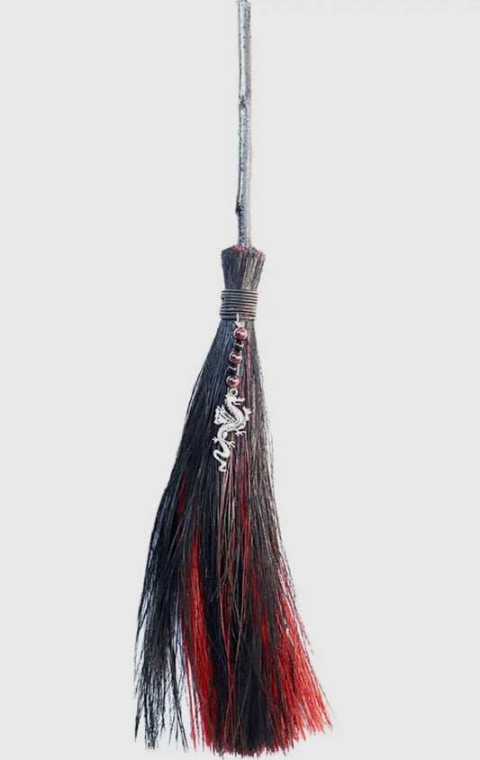 Wicca Besom - Red/ Black - Dragon w/ Garnet (Each)
